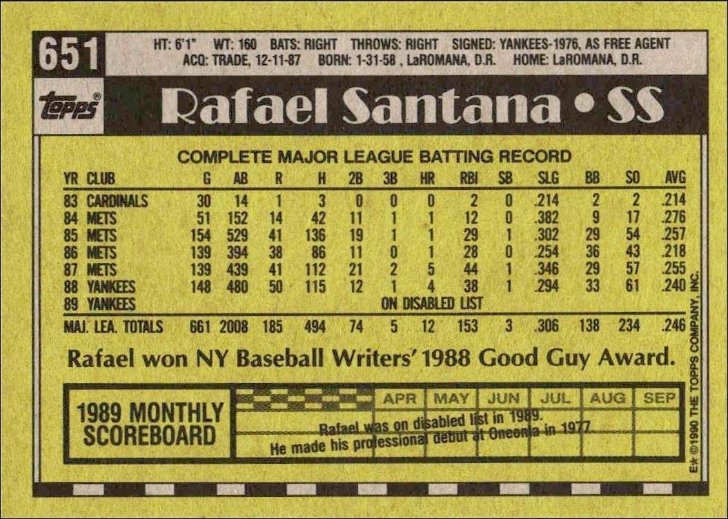 1990 Topps Rafael Santana #651 baseball trading card back