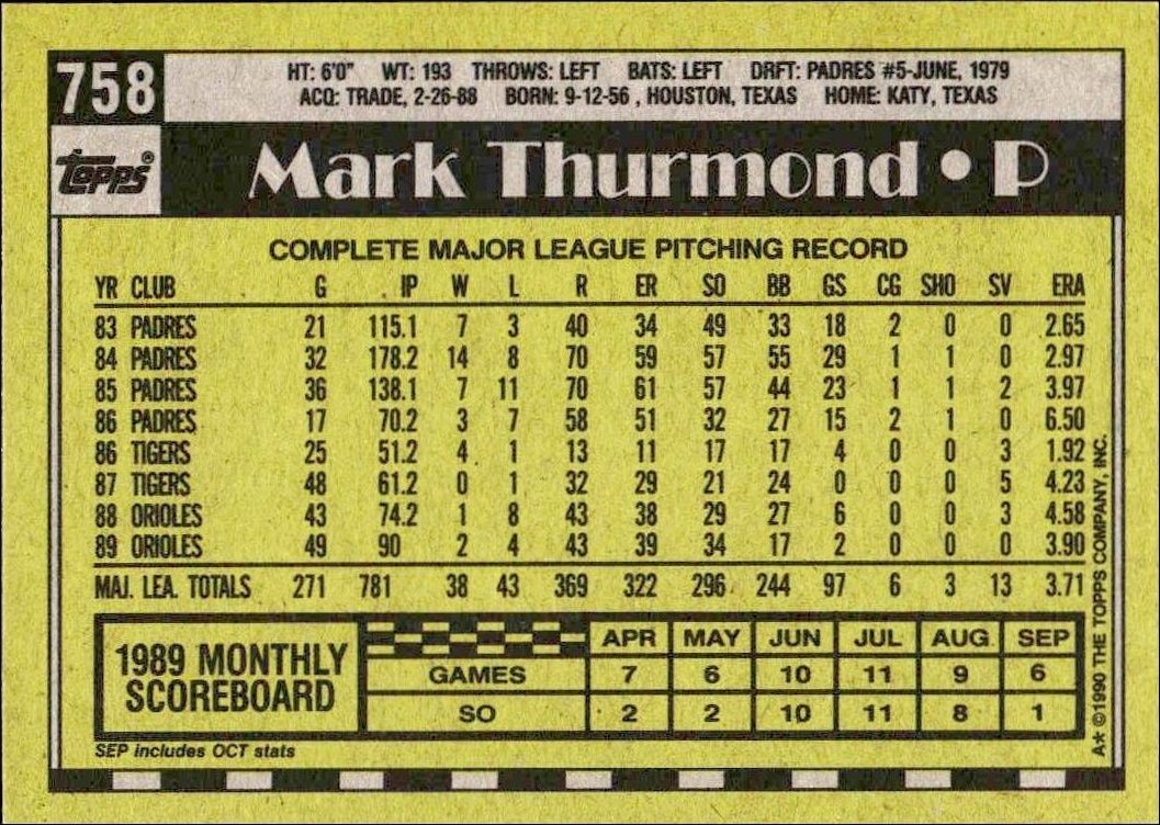 1990 Topps Mark Thurmond #758 baseball trading card back