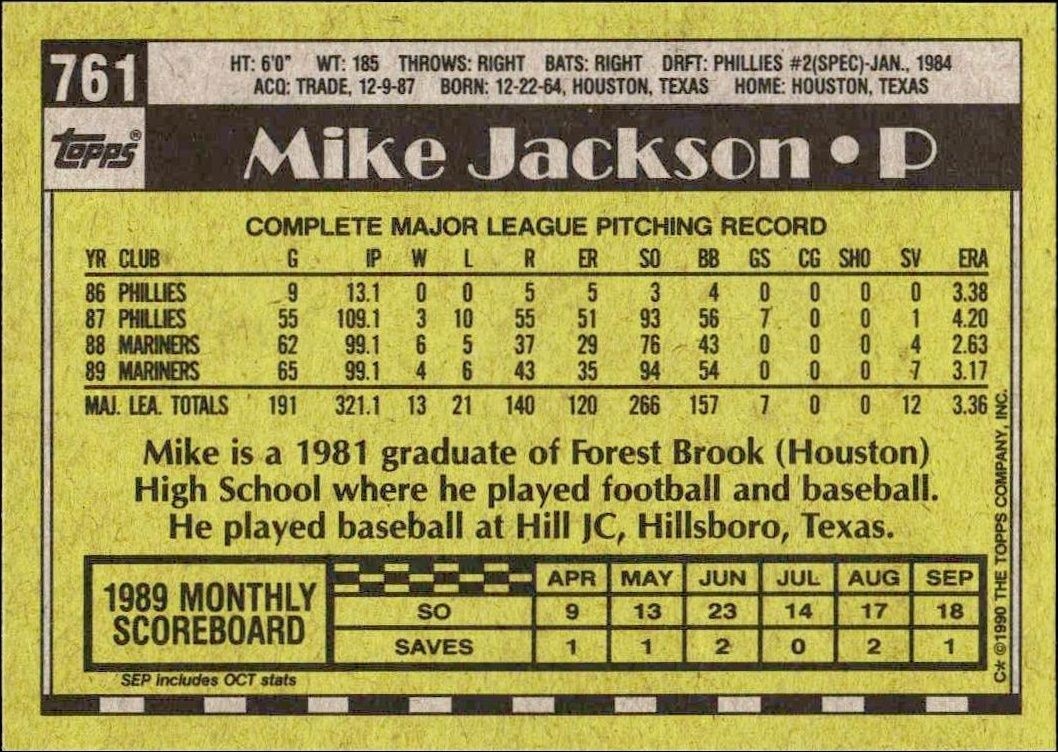 1990 Topps Mike Jackson #761 baseball trading card back
