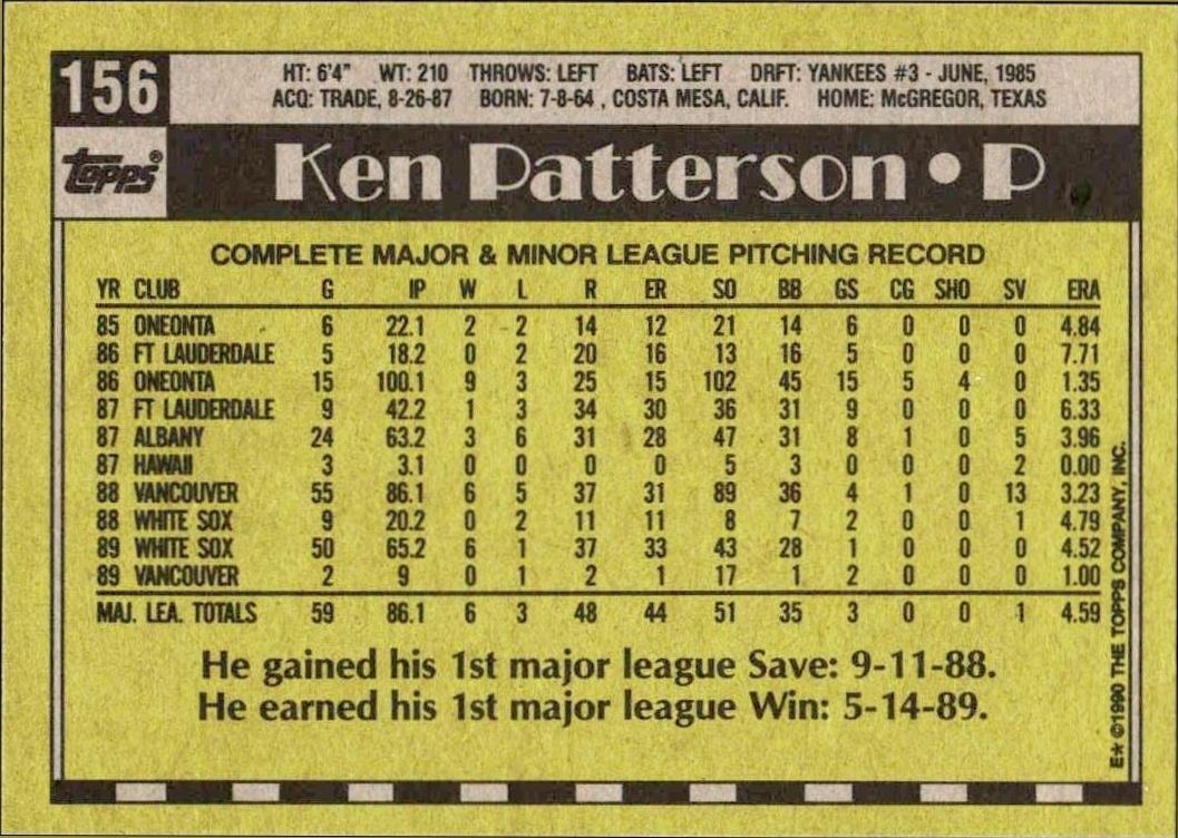 1990 Topps Ken Patterson #156 baseball trading card back