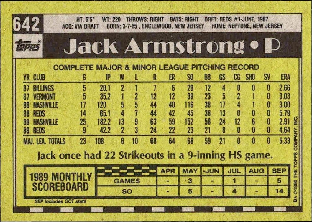 1990 Topps Jack Armstrong #642 baseball trading card back