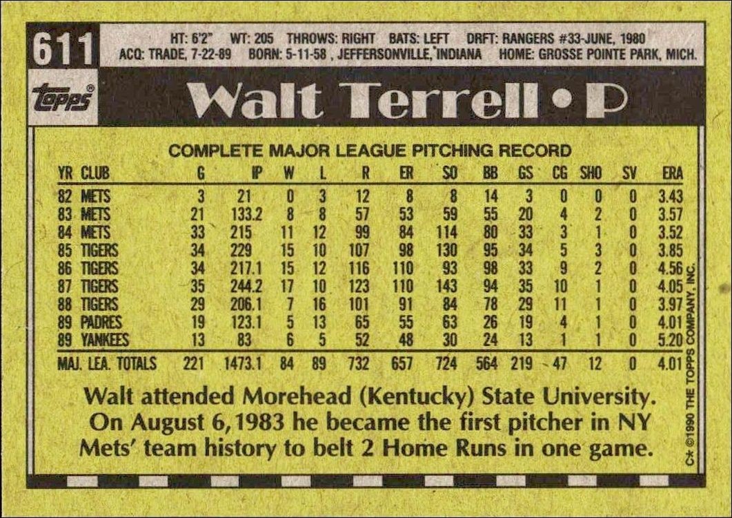 1990 Topps Walt Terrell #611 baseball trading card back