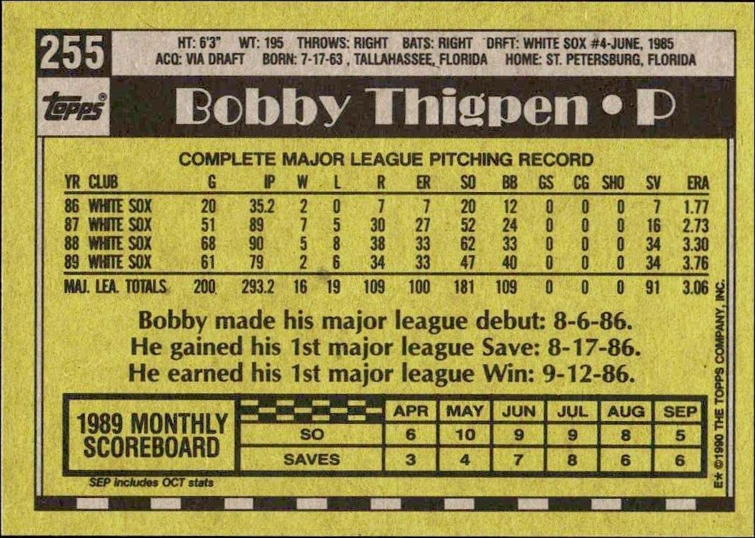 1990 Topps Bobby Thigpen #255 baseball trading card back