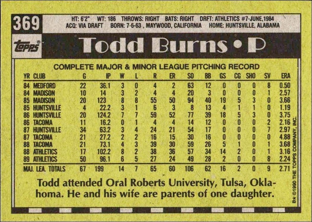 1990 Topps Todd Burns #369 baseball trading card back