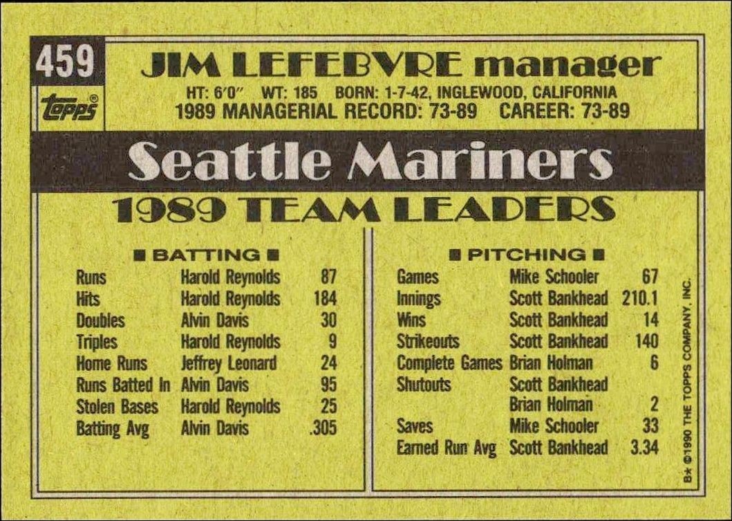 1990 Topps Jim Lefebvre #459 baseball trading card back