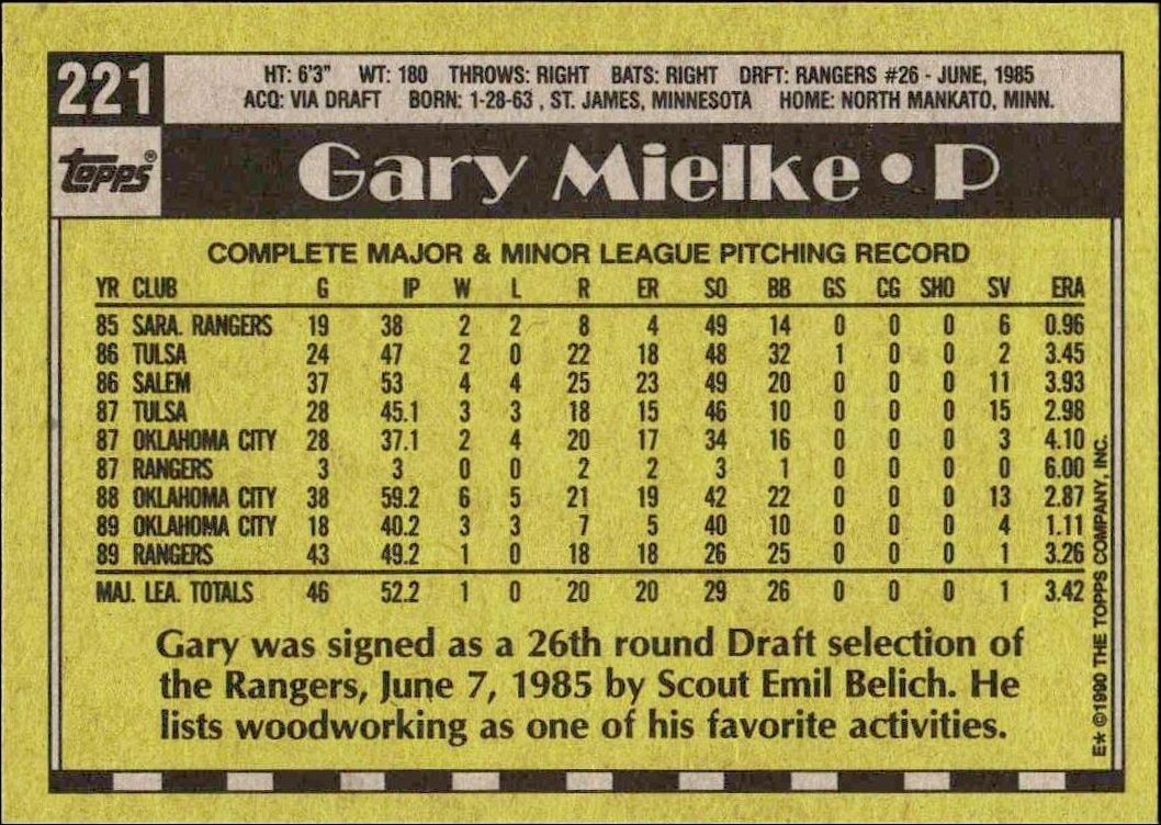 1990 Topps Gary Mielke #221 baseball trading card back