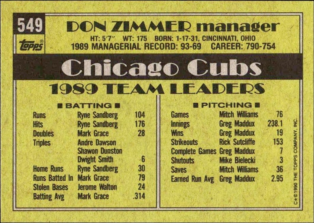 1990 Topps Don Zimmer #549 baseball trading card back