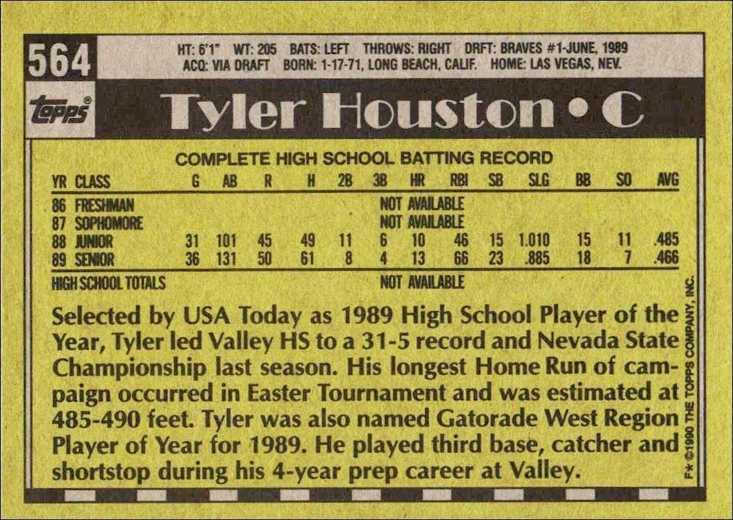 1990 Topps Tyler Houston #564 baseball trading card back