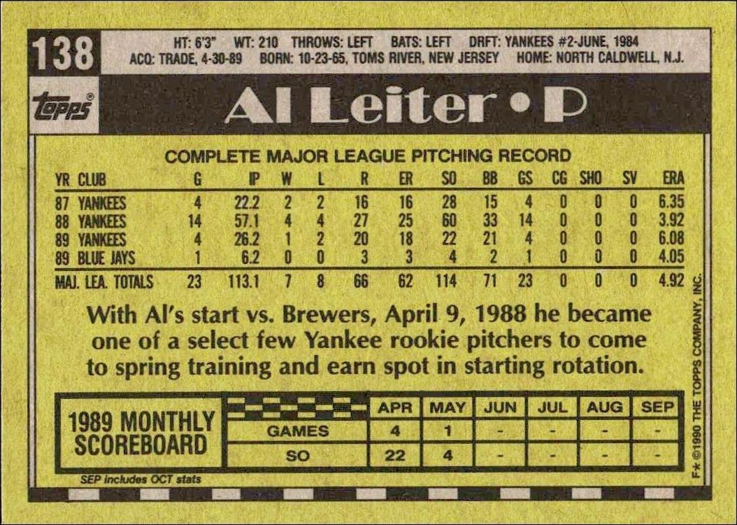 1990 Topps Al Leiter #138 baseball trading card back