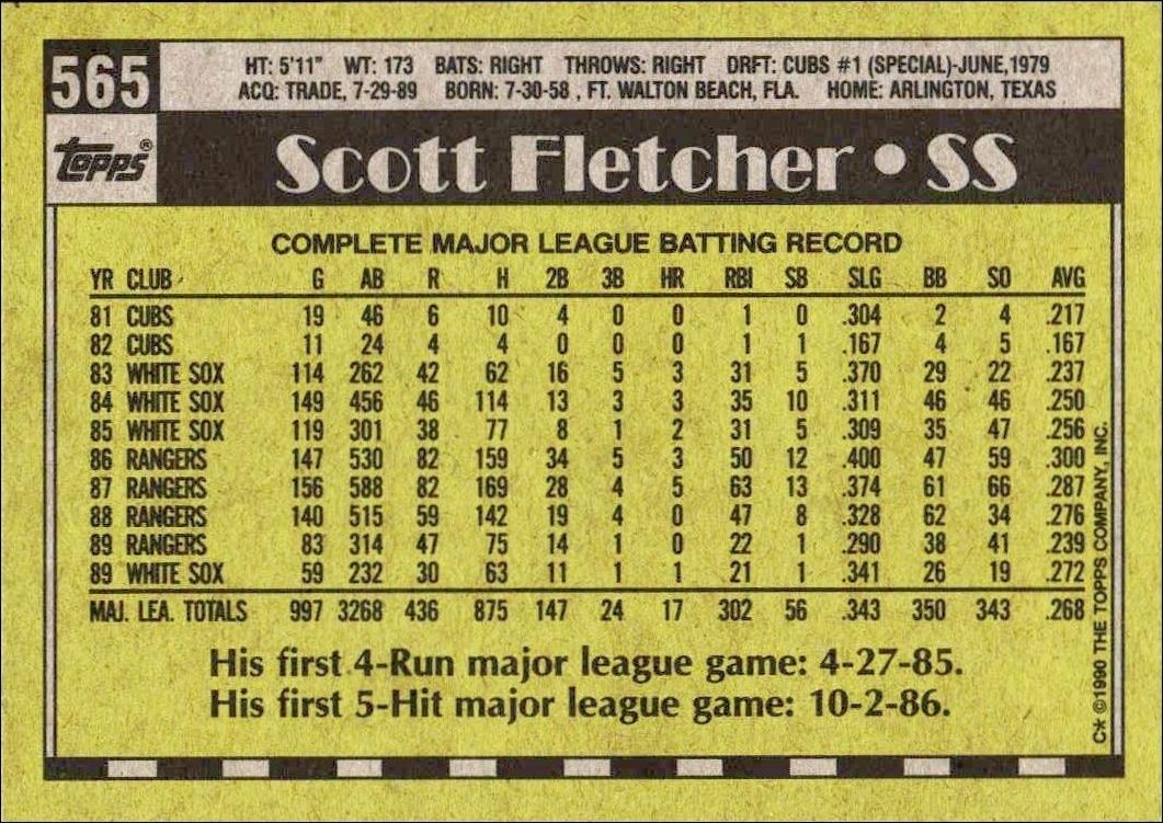 1990 Topps Scott Fletcher #565 baseball trading card back