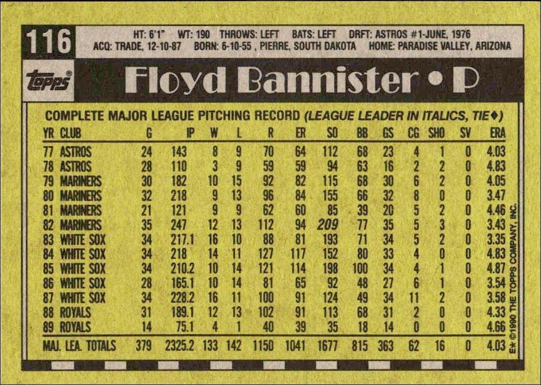 1990 Topps Floyd Bannister #116 baseball trading card back