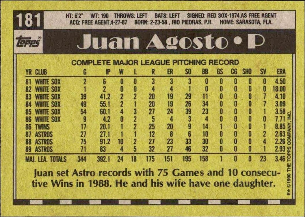 1990 Topps Juan Agosto #181 baseball trading card back
