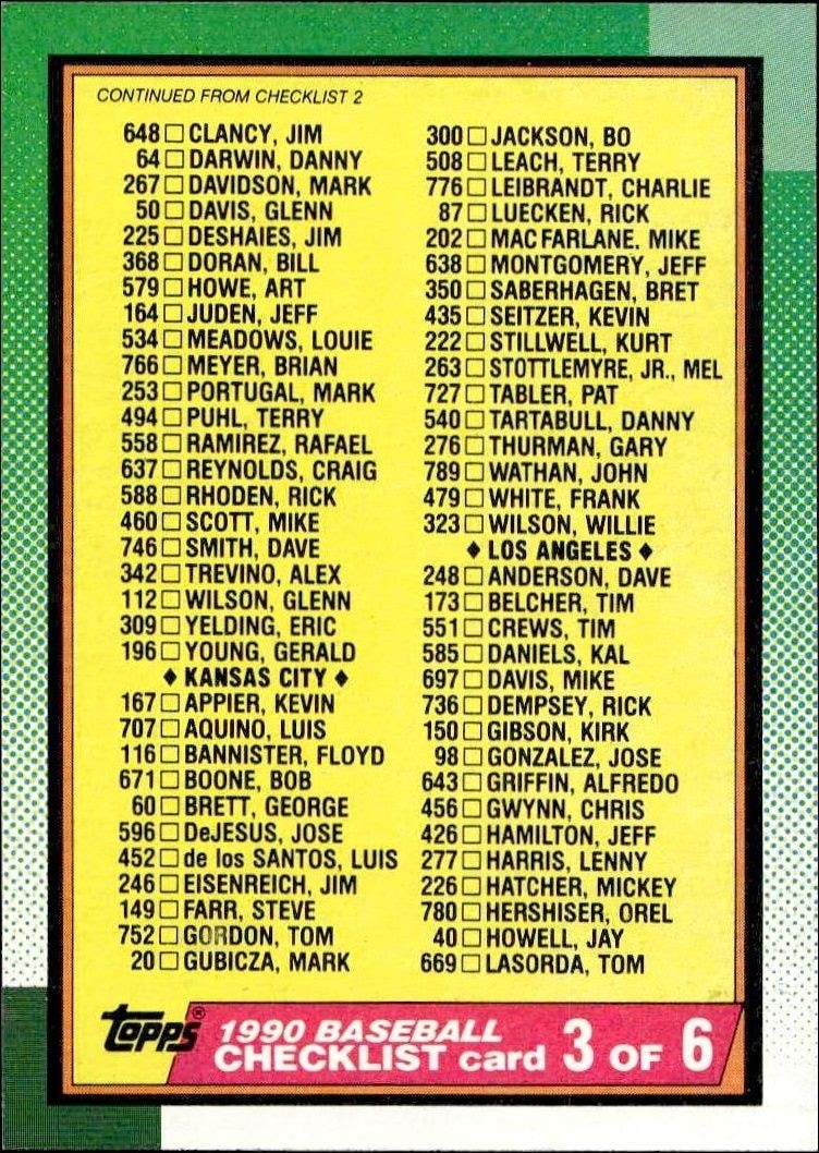 1990 Topps Checklist #376 baseball trading card front