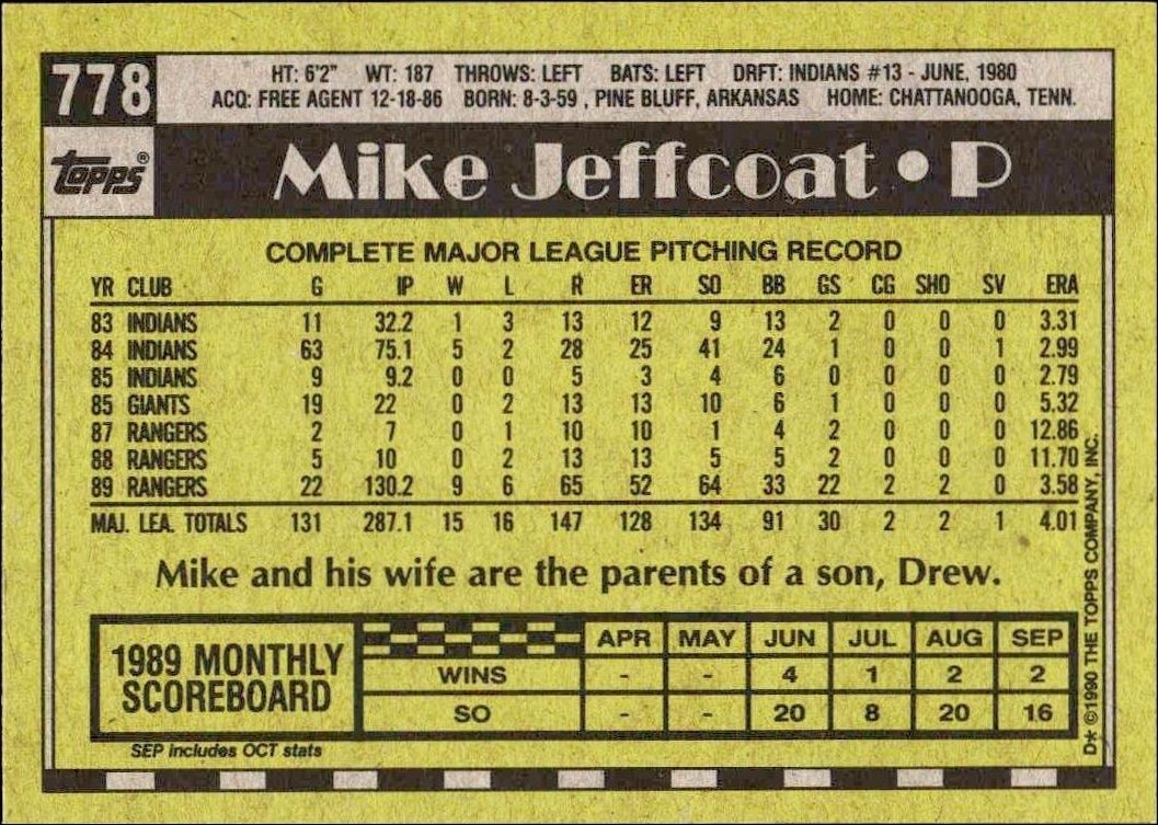 1990 Topps Mike Jeffcoat #778 baseball trading card back