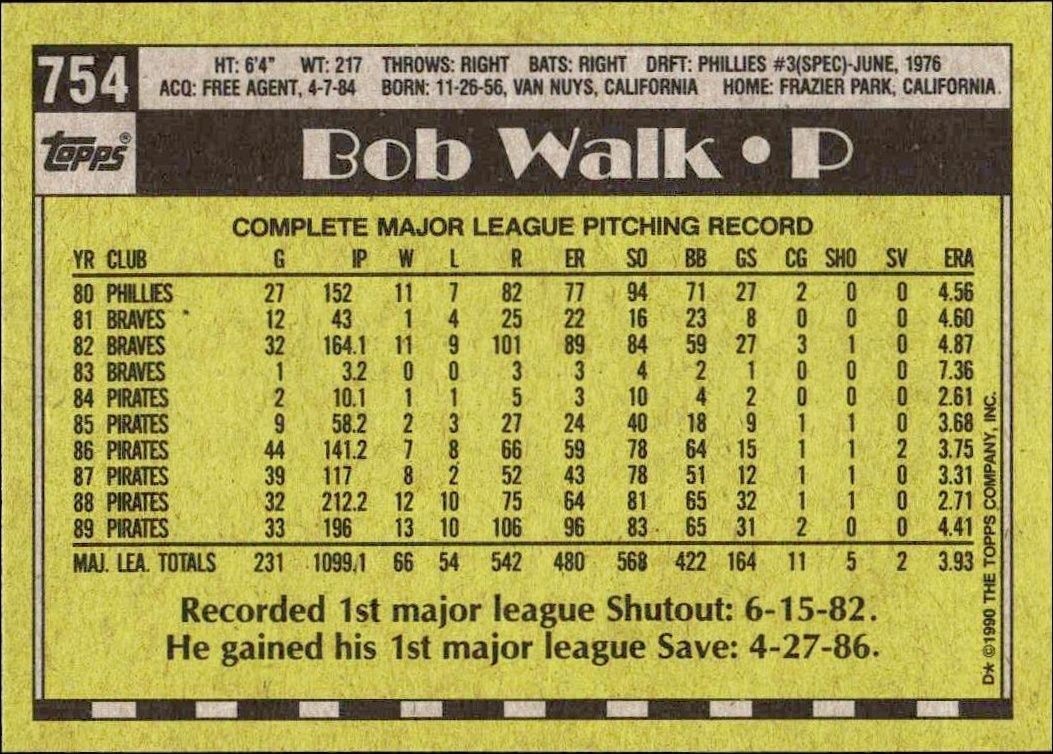 1990 Topps Bob Walk #754 baseball trading card back