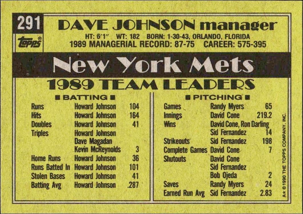 1990 Topps Dave Johnson #291 baseball trading card back