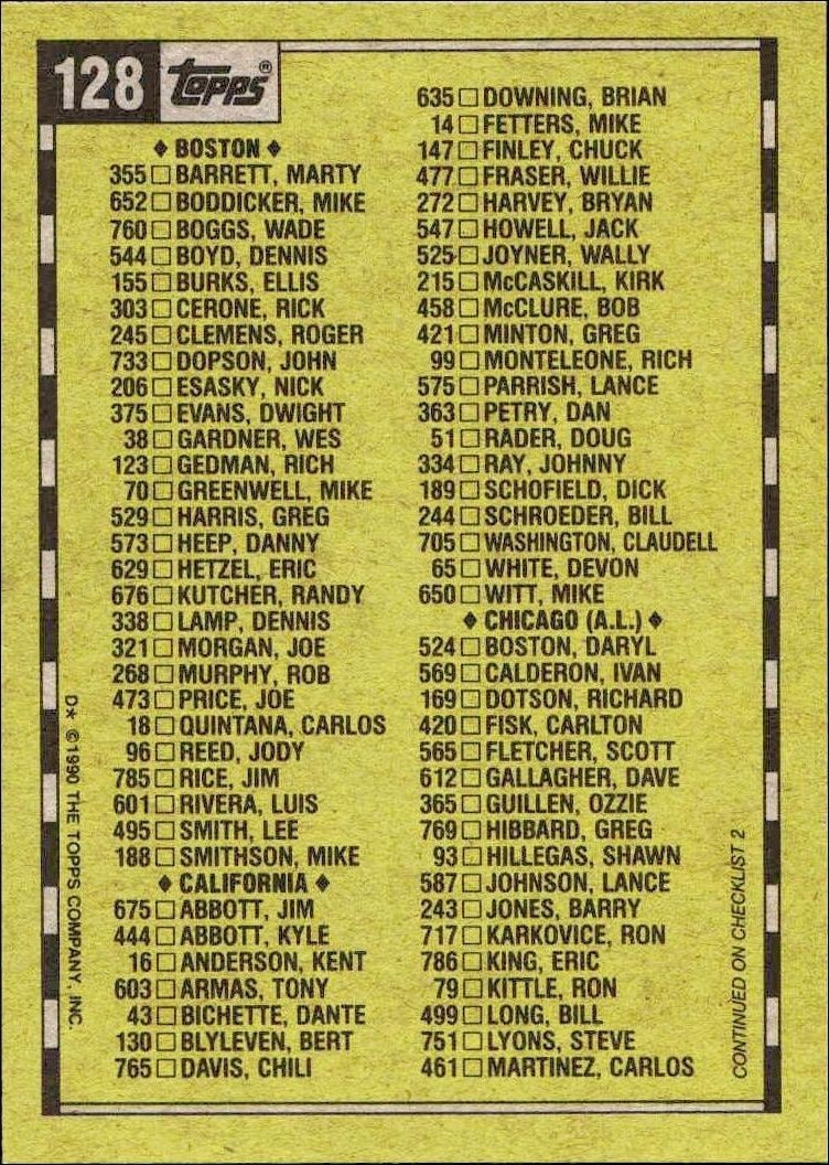 1990 Topps Checklist #128 baseball trading card back