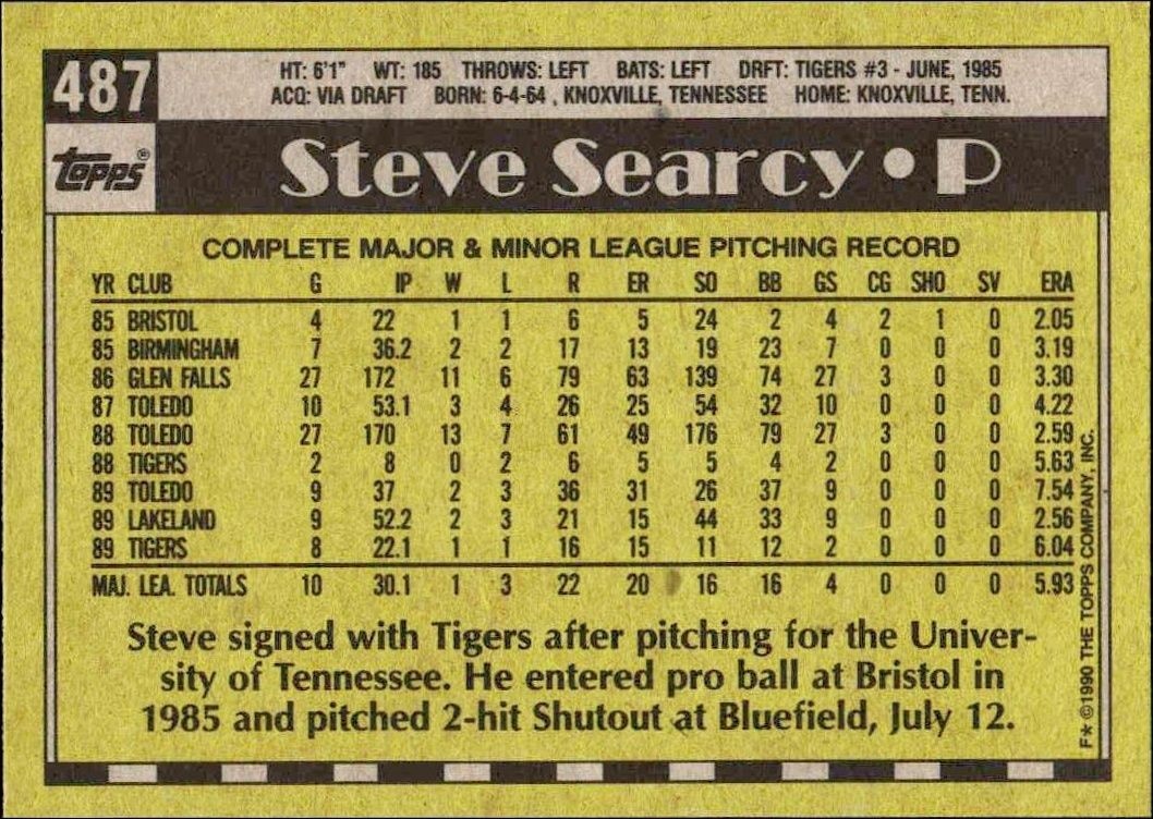 1990 Topps Steve Searcy #487 baseball trading card back