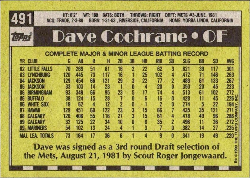 1990 Topps Dave Cochrane #491 baseball trading card back