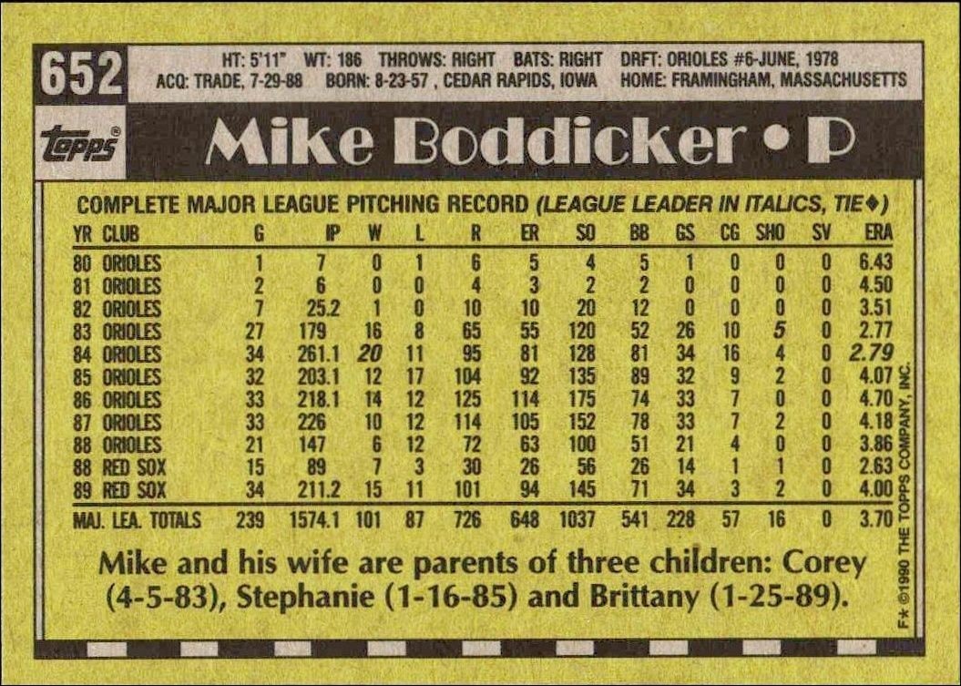1990 Topps Mike Boddicker #652 baseball trading card back