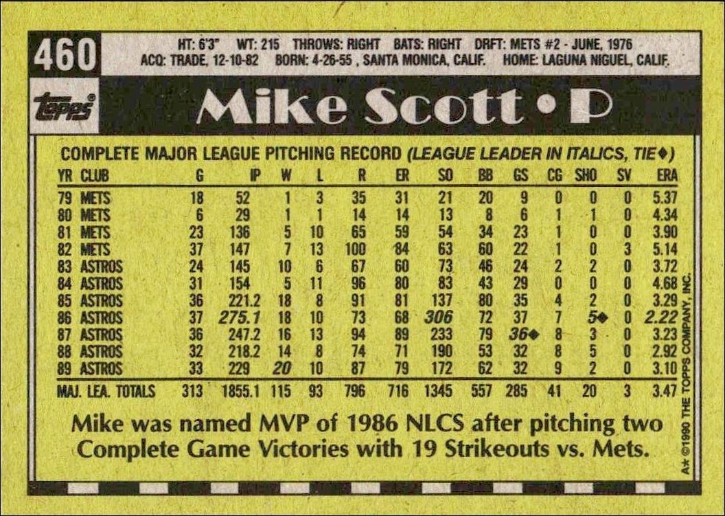 1990 Topps Mike Scott #460 baseball trading card back