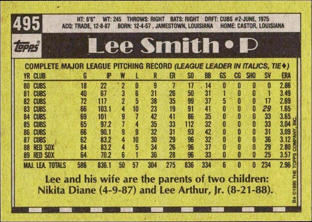 1990 Topps Lee Smith #495 baseball trading card back