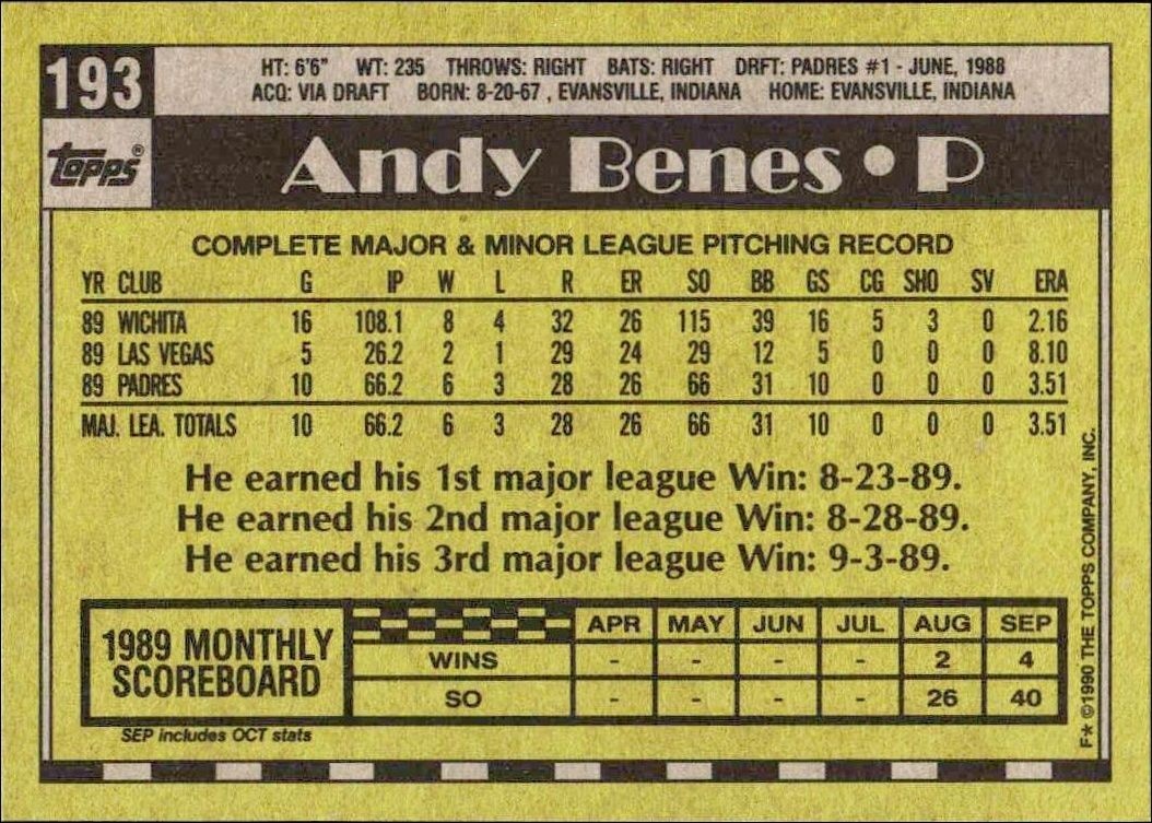1990 Topps Andy Benes #193 baseball trading card back