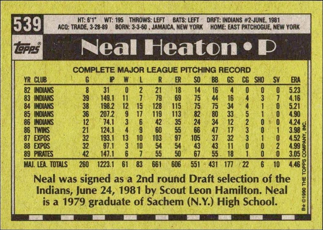 1990 Topps Neal Heaton #539 baseball trading card back