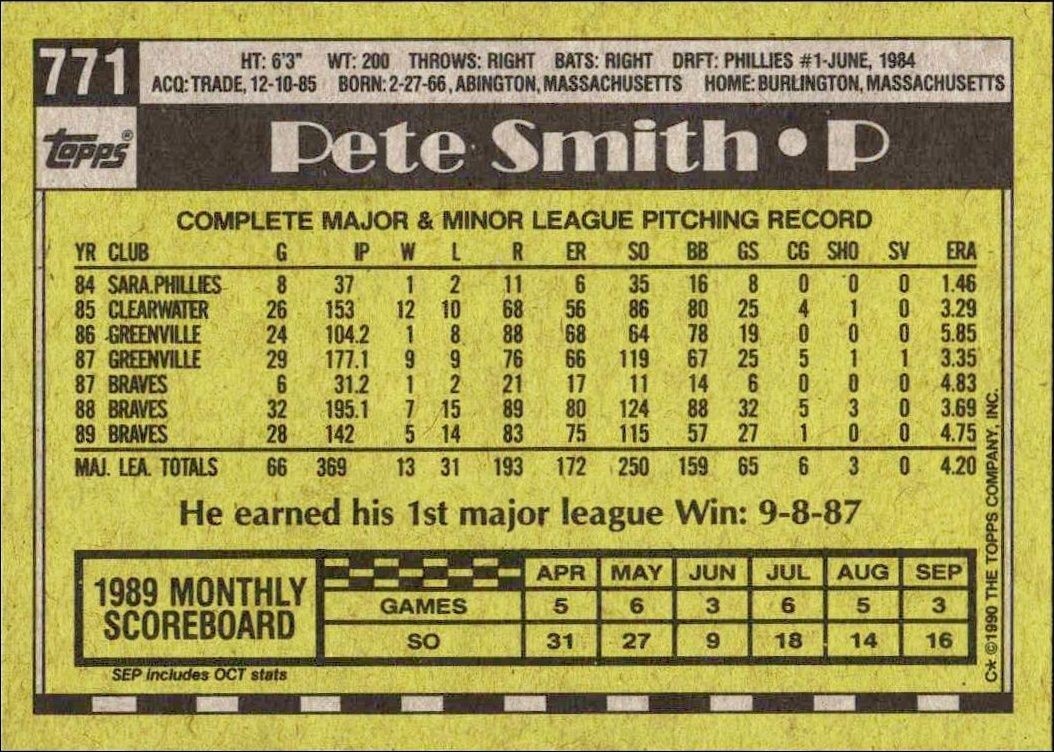 1990 Topps Pete Smith #771 baseball trading card back