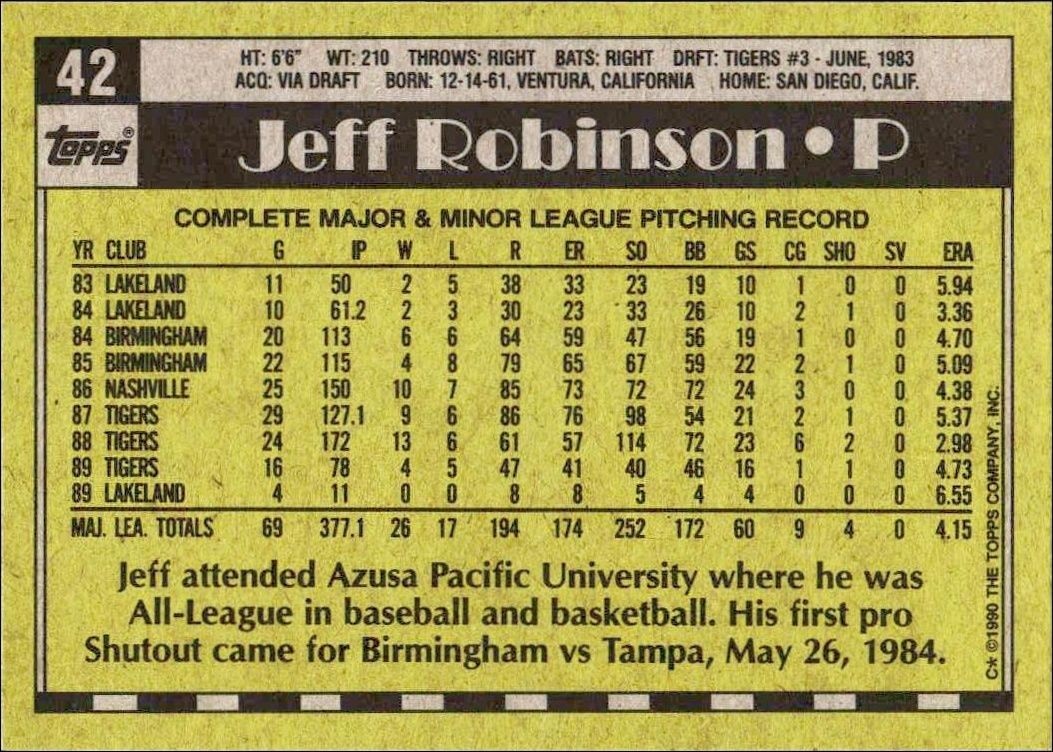1990 Topps Jeff Robinson #42 baseball trading card back