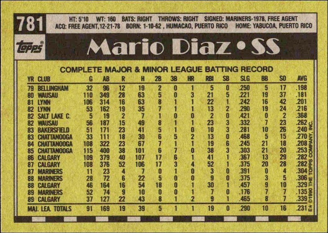 1990 Topps Mario Diaz #781 baseball trading card back