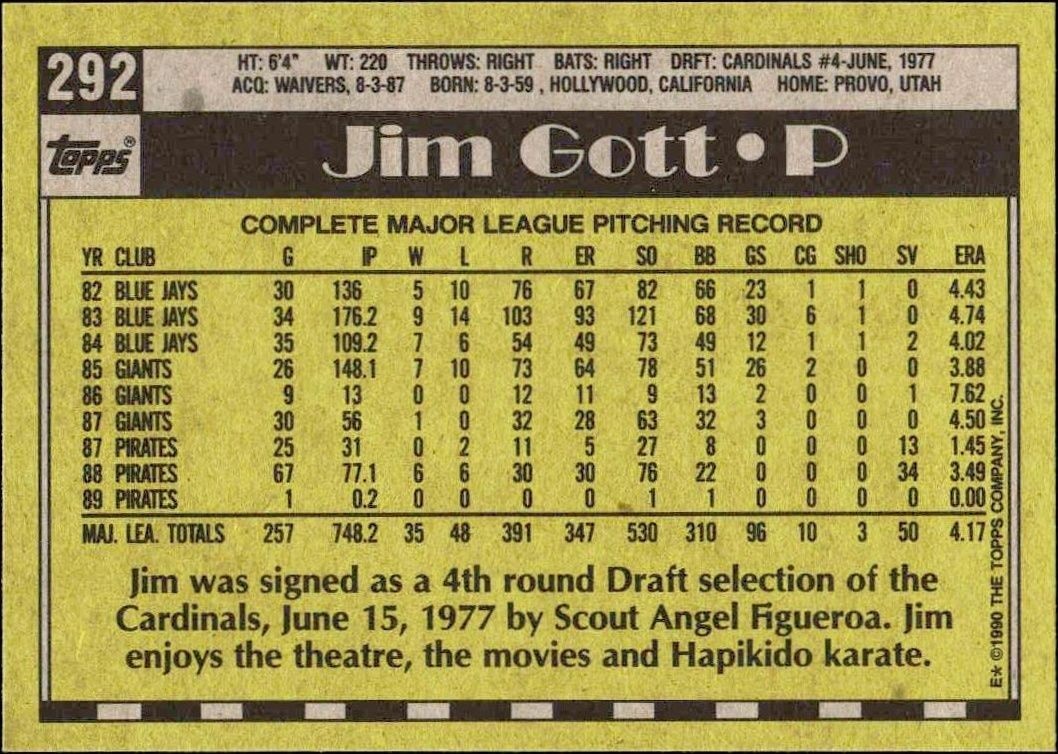 1990 Topps Jim Gott #292 baseball trading card back
