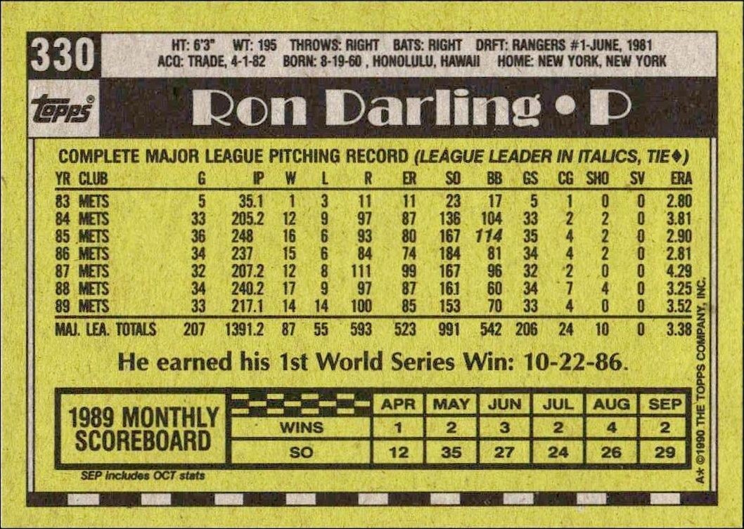 1990 Topps Ron Darling #330 baseball trading card back