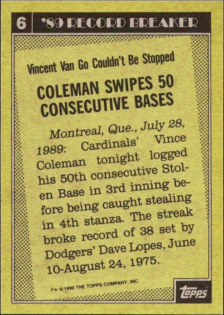 1990 Topps Vince Coleman #6 baseball trading card back