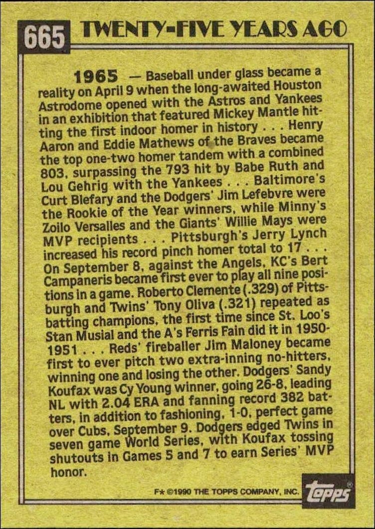 1990 Topps Sandy Koufax #665 baseball trading card back