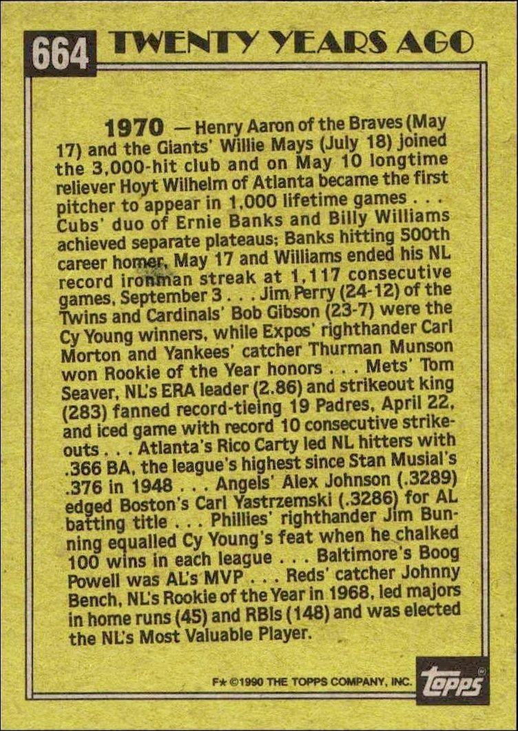 1990 Topps Johnny Bench #664 baseball trading card back