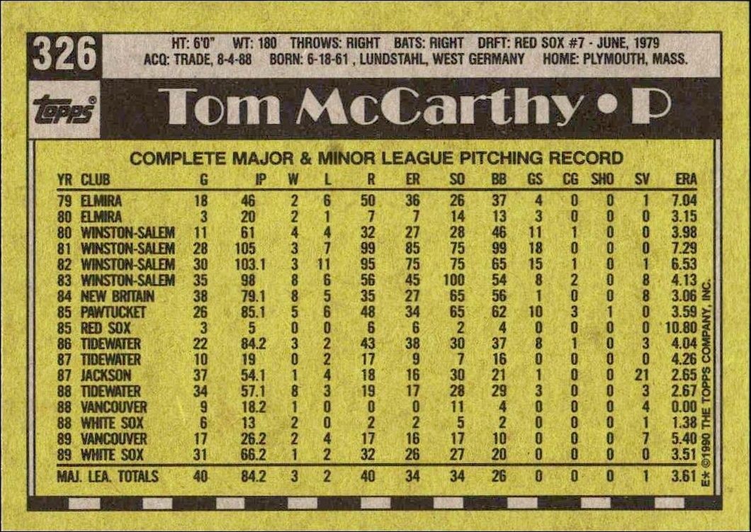 1990 Topps Tom McCarthy #326 baseball trading card back