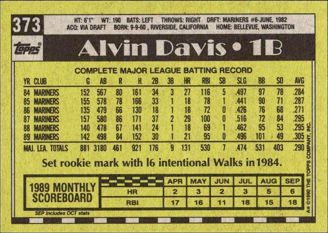 1990 Topps Alvin Davis #373 baseball trading card back