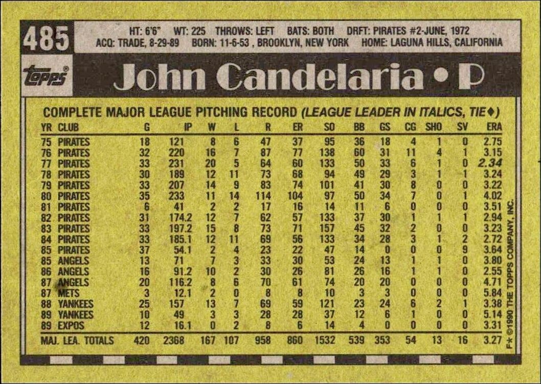 1990 Topps John Candelaria #485 baseball trading card back