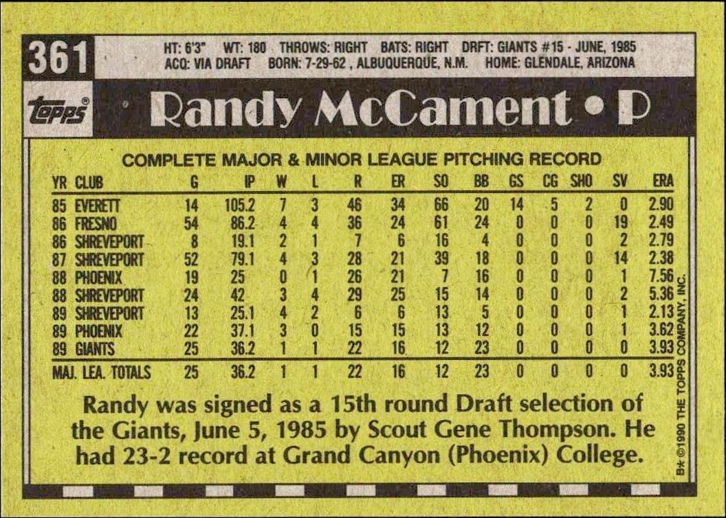 1990 Topps Randy McCament #361 baseball trading card back