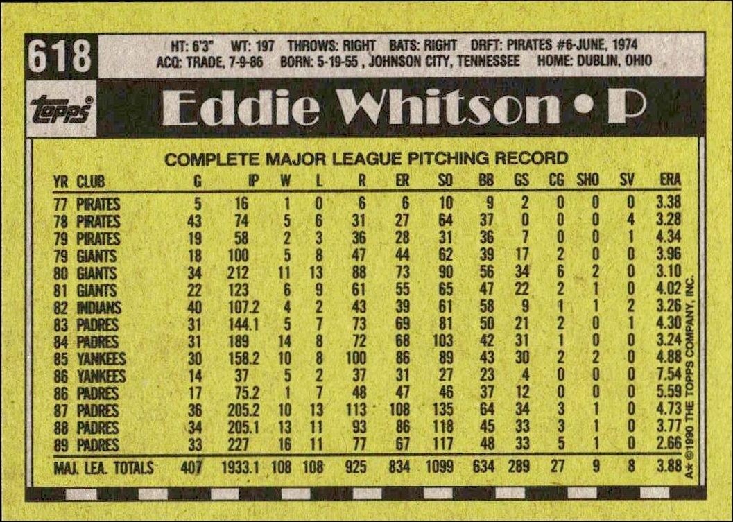 1990 Topps Eddie Whitson #618 baseball trading card back