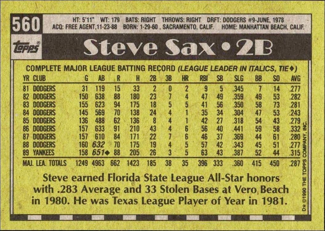 1990 Topps Steve Sax #560 baseball trading card back