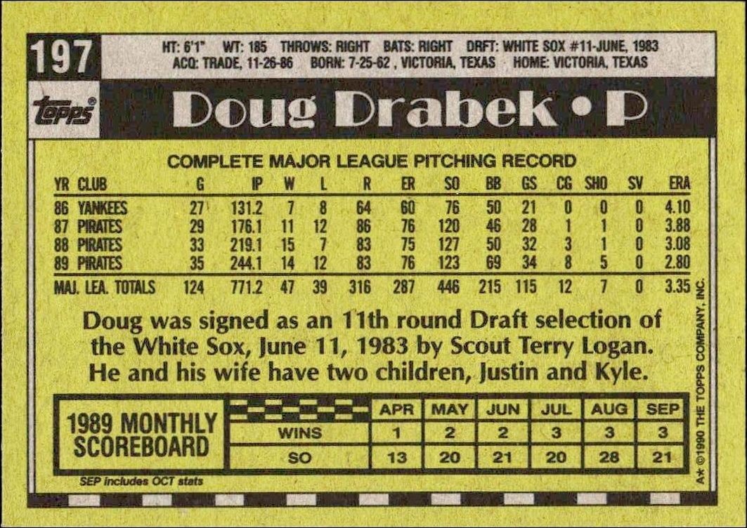 1990 Topps Doug Drabek #197 baseball trading card back