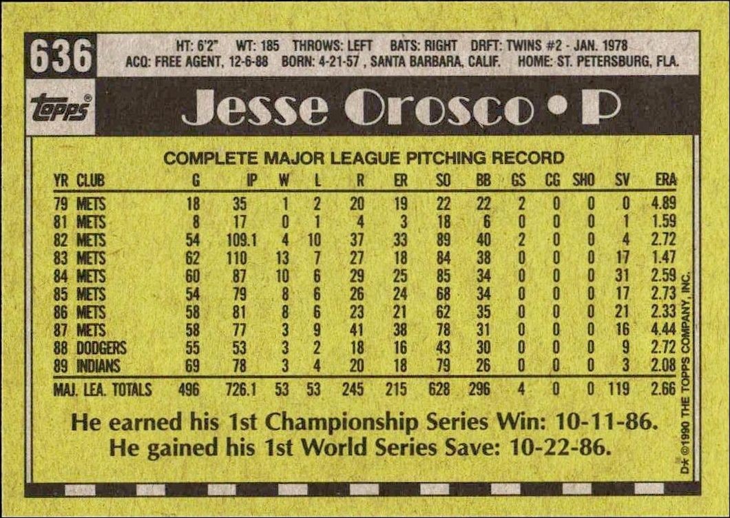 1990 Topps Jesse Orosco #636 baseball trading card back