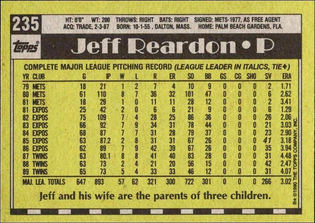 1990 Topps Jeff Reardon #235 baseball trading card back