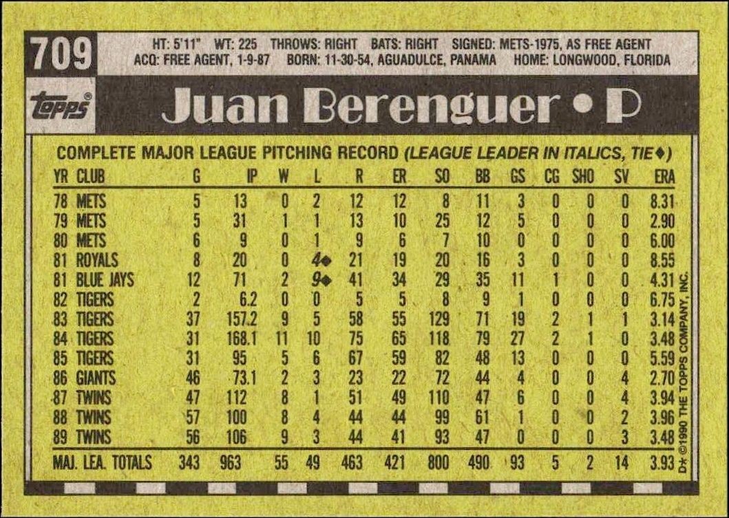 1990 Topps Juan Berenguer #709 baseball trading card back