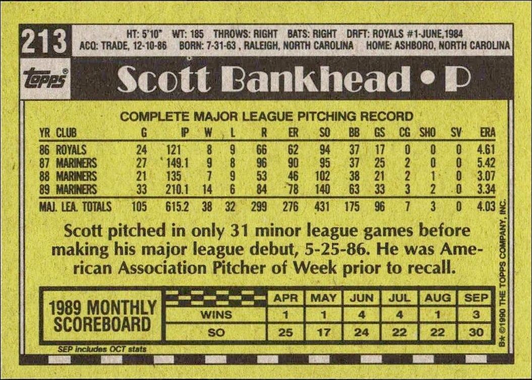 1990 Topps Scott Bankhead #213 baseball trading card back