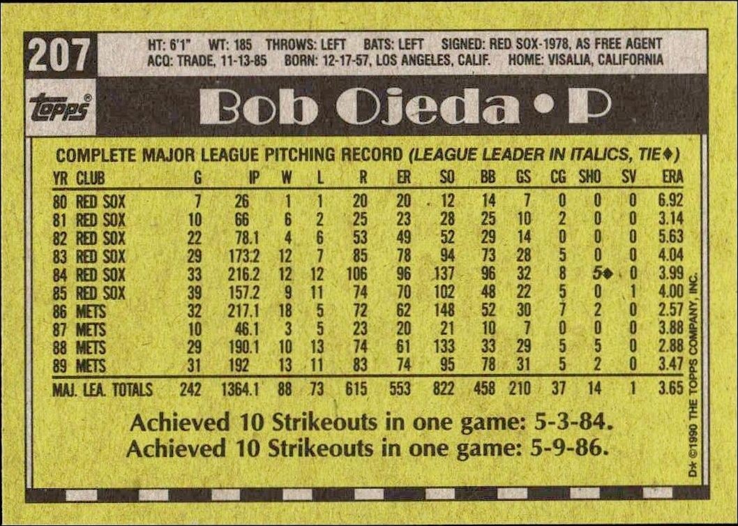 1990 Topps Bob Ojeda #207 baseball trading card back