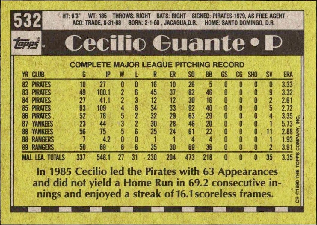 1990 Topps Cecilio Guante #532 baseball trading card back