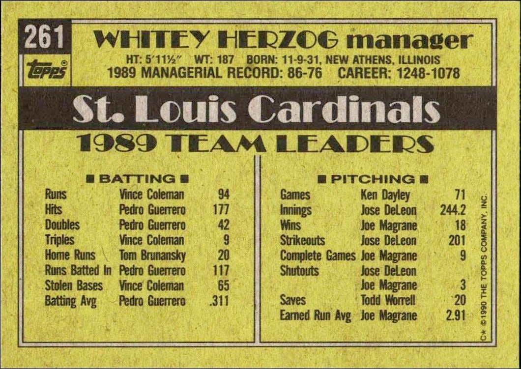 1990 Topps Whitey Herzog #261 baseball trading card back